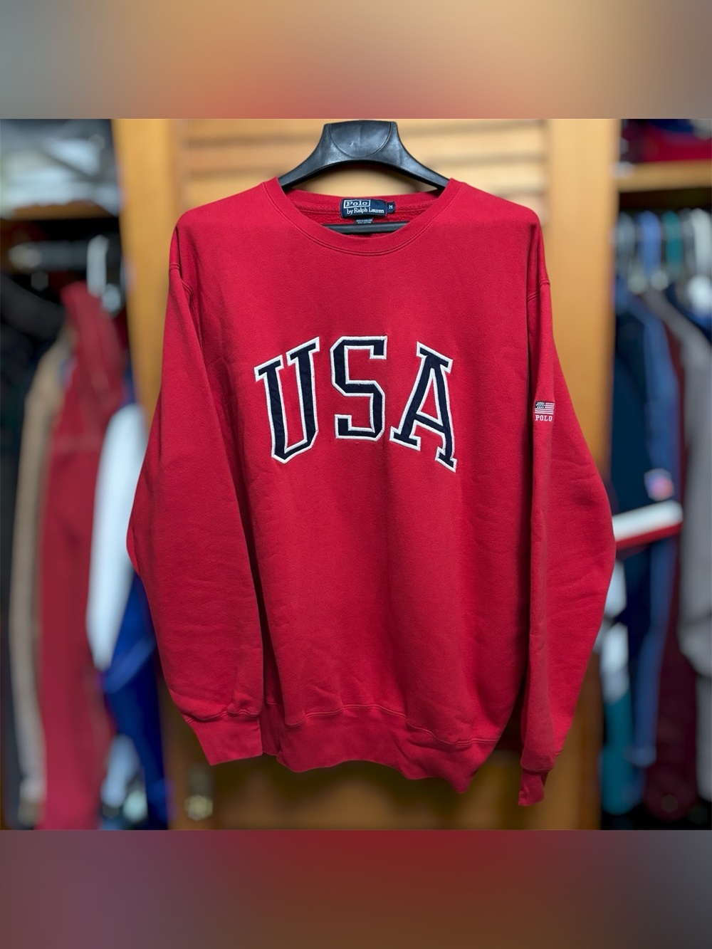 Vintage 90s Polo Ralph Lauren USA Flag Logo Pullover Sweatshirt Red Men’s M